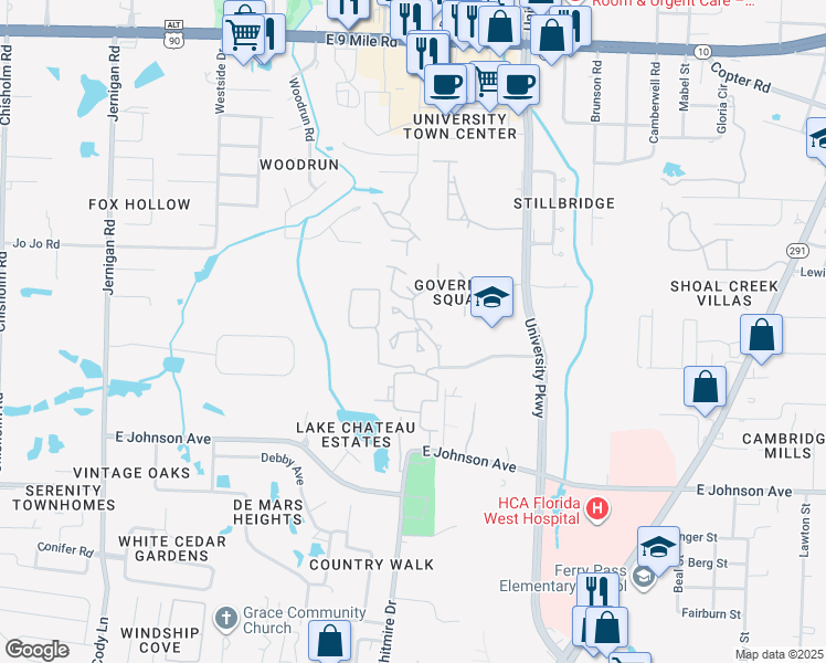 map of restaurants, bars, coffee shops, grocery stores, and more near 111 Creekside Court in Pensacola