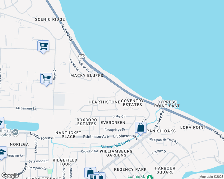 map of restaurants, bars, coffee shops, grocery stores, and more near 4349 Burtonwood Court in Pensacola