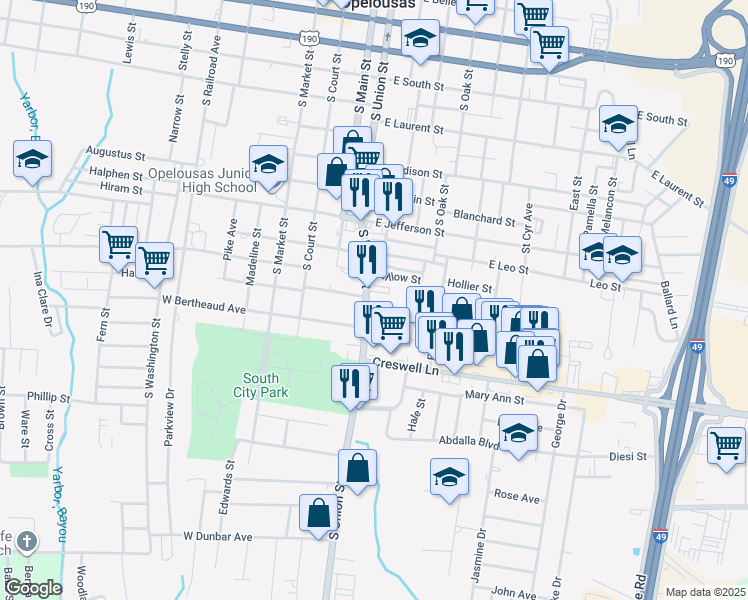 map of restaurants, bars, coffee shops, grocery stores, and more near 1220 S Union St in Opelousas