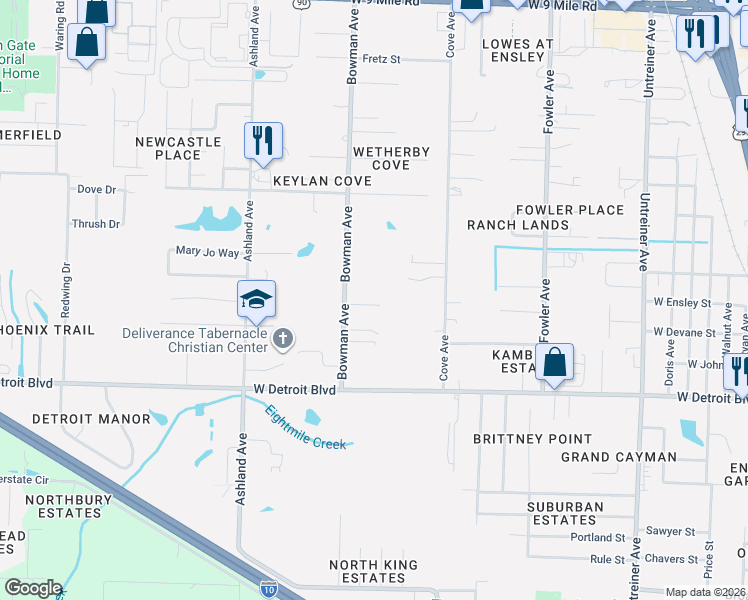 map of restaurants, bars, coffee shops, grocery stores, and more near 8565 Bowman Avenue in Pensacola