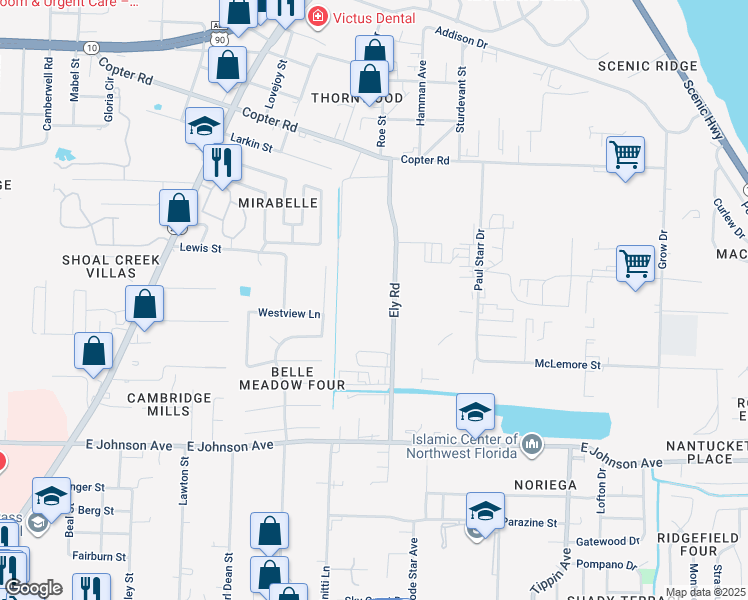 map of restaurants, bars, coffee shops, grocery stores, and more near 8781 Ely Road in Pensacola