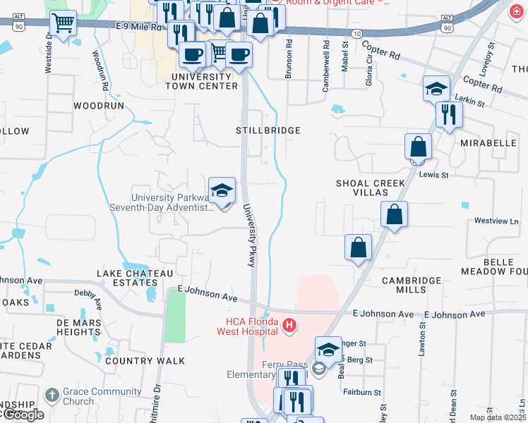 map of restaurants, bars, coffee shops, grocery stores, and more near 8700 University Parkway in Pensacola