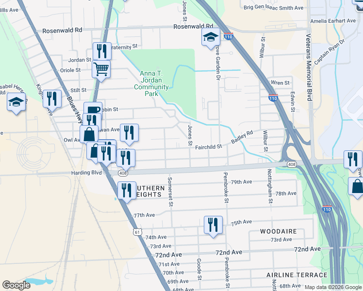 map of restaurants, bars, coffee shops, grocery stores, and more near 1850 Fairchild Street in Baton Rouge