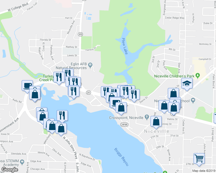map of restaurants, bars, coffee shops, grocery stores, and more near 138 John Sims Parkway in Niceville
