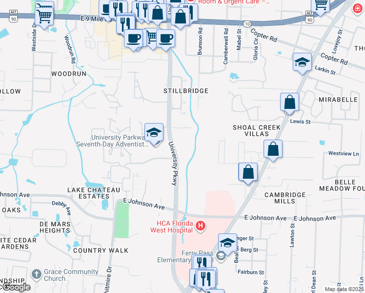 map of restaurants, bars, coffee shops, grocery stores, and more near 8700 University Parkway in Pensacola