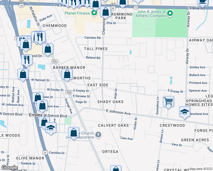 map of restaurants, bars, coffee shops, grocery stores, and more near 8620 Chemstrand Road in Pensacola