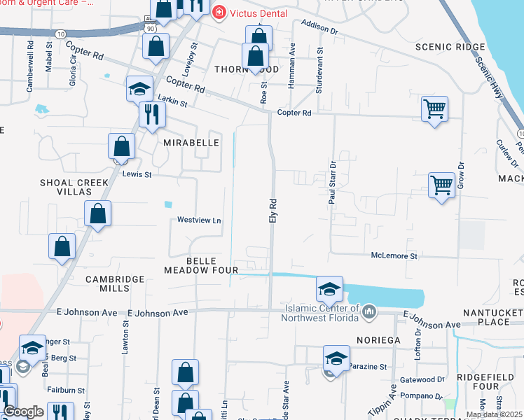 map of restaurants, bars, coffee shops, grocery stores, and more near 8781 Ely Road in Pensacola