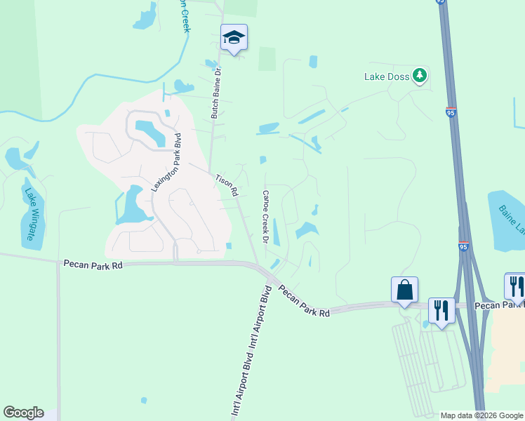 map of restaurants, bars, coffee shops, grocery stores, and more near 15804 Canoe Creek Drive in Jacksonville