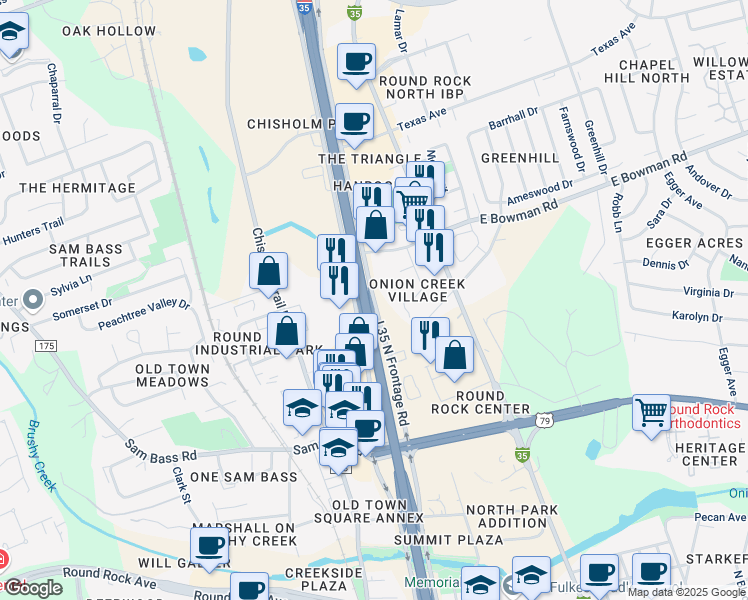 map of restaurants, bars, coffee shops, grocery stores, and more near 1601 N Interstate 35 Frontage Rd in Round Rock