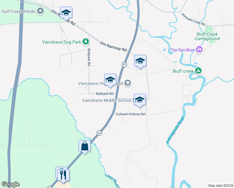 map of restaurants, bars, coffee shops, grocery stores, and more near 12424 Mississippi 57 in Vancleave