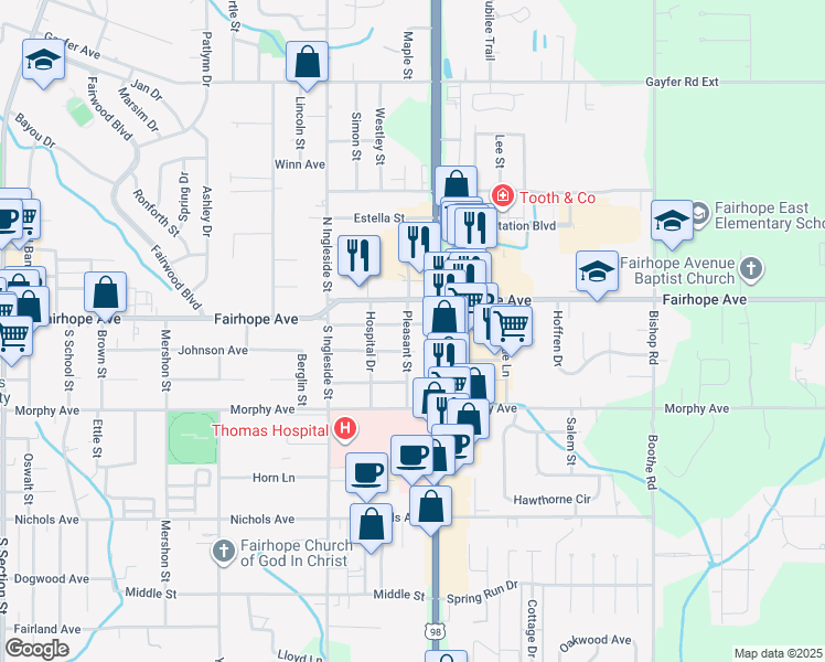 map of restaurants, bars, coffee shops, grocery stores, and more near 54 South Greeno Road in Fairhope