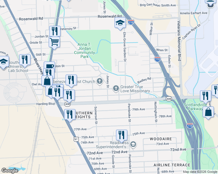 map of restaurants, bars, coffee shops, grocery stores, and more near 8128 Jones Street in Baton Rouge