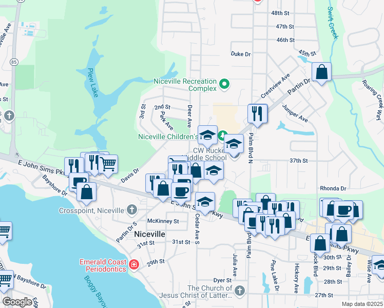 map of restaurants, bars, coffee shops, grocery stores, and more near 725 Powell Drive in Niceville