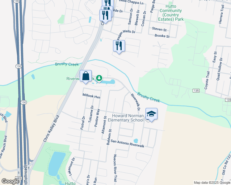 map of restaurants, bars, coffee shops, grocery stores, and more near 117 Altamont Street in Hutto