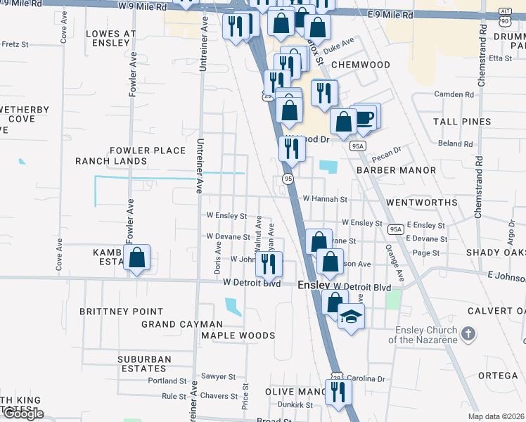 map of restaurants, bars, coffee shops, grocery stores, and more near 8610 Walnut Avenue in Pensacola