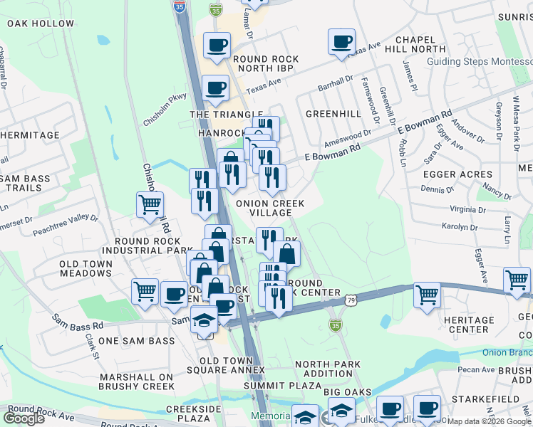 map of restaurants, bars, coffee shops, grocery stores, and more near 100-298 West Old Bowman Road in Round Rock