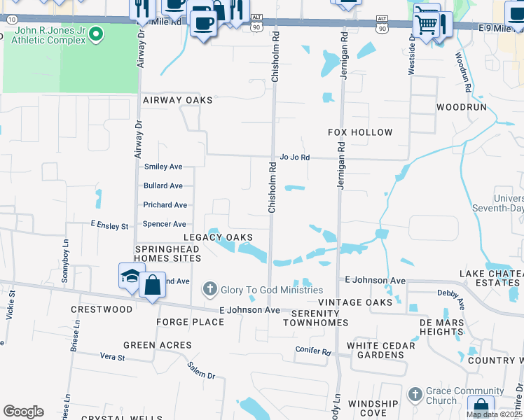 map of restaurants, bars, coffee shops, grocery stores, and more near 8733 Chisholm Road in Pensacola