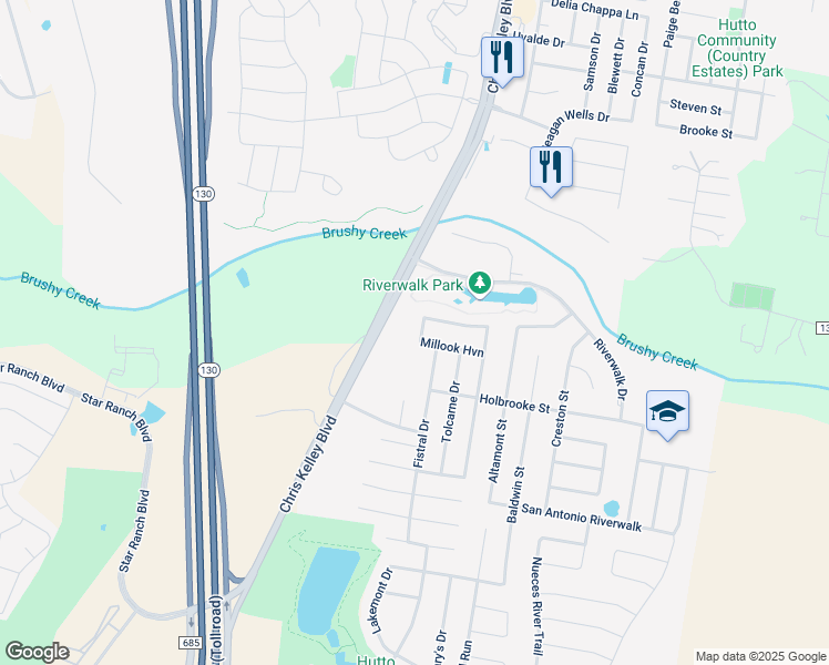 map of restaurants, bars, coffee shops, grocery stores, and more near 103 Towan Way in Hutto