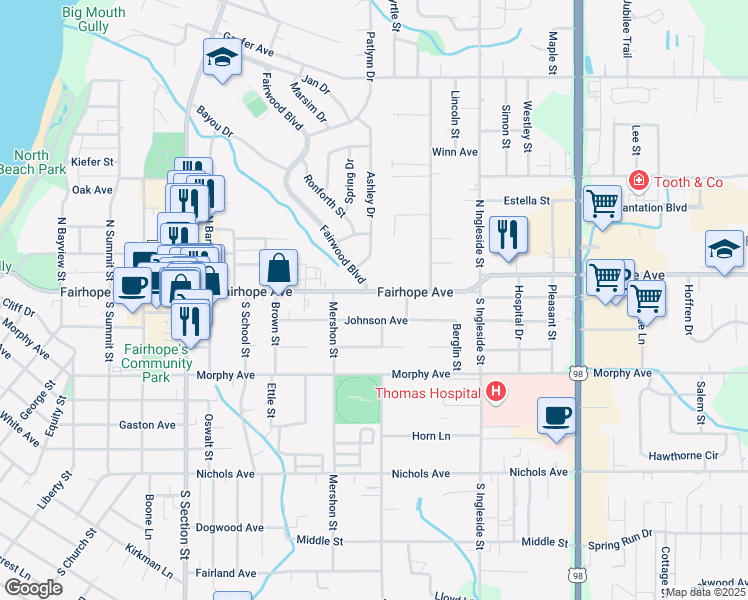 map of restaurants, bars, coffee shops, grocery stores, and more near 613 Johnson Avenue in Fairhope