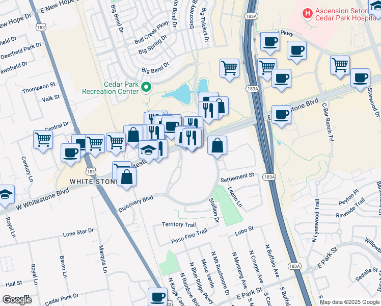 map of restaurants, bars, coffee shops, grocery stores, and more near 910 Quest Parkway in Cedar Park