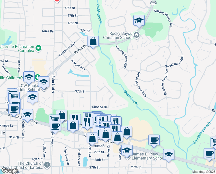 map of restaurants, bars, coffee shops, grocery stores, and more near 571 Woodlow Road in Niceville