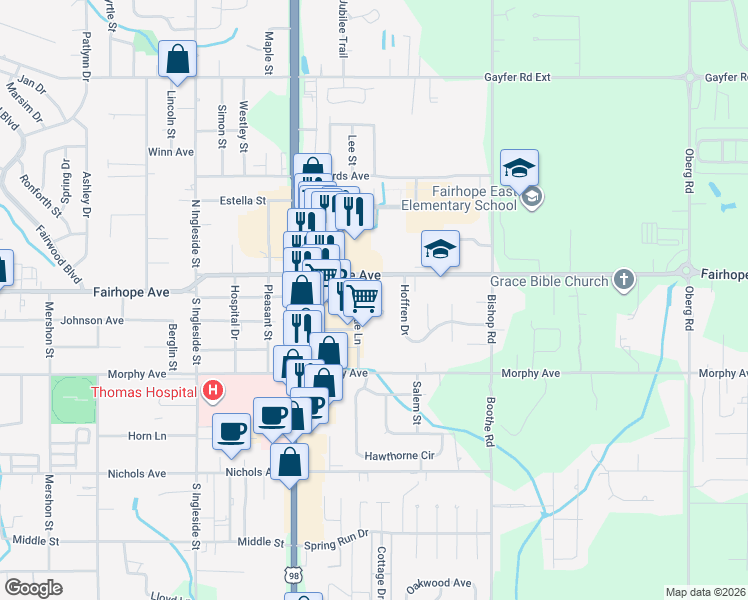 map of restaurants, bars, coffee shops, grocery stores, and more near 123 Kensington Court in Fairhope
