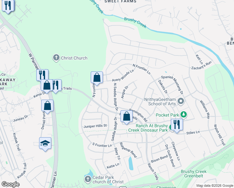 map of restaurants, bars, coffee shops, grocery stores, and more near 107 North Saddle Ridge Drive in Cedar Park