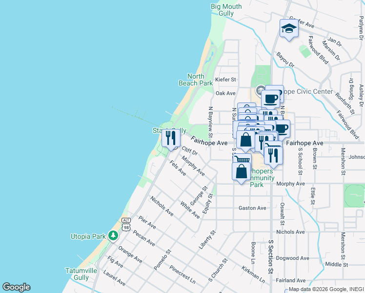 map of restaurants, bars, coffee shops, grocery stores, and more near 106 Freedom Street in Fairhope