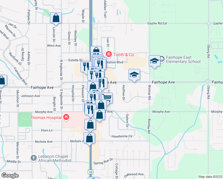 map of restaurants, bars, coffee shops, grocery stores, and more near 105 Lottie Lane in Fairhope