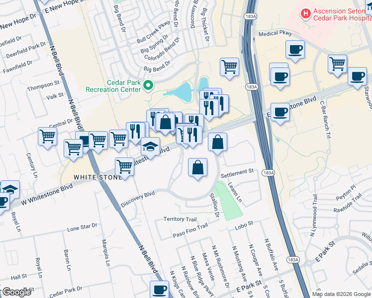 map of restaurants, bars, coffee shops, grocery stores, and more near 910 Quest Parkway in Cedar Park