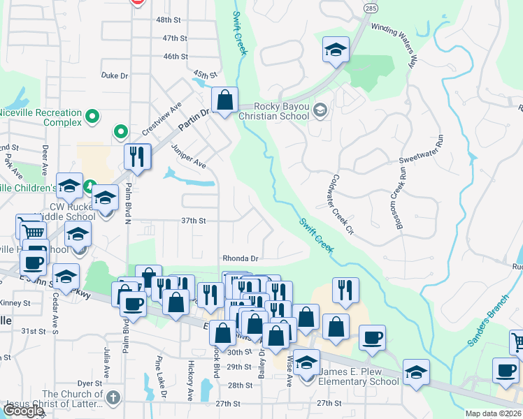 map of restaurants, bars, coffee shops, grocery stores, and more near 591 Woodlow Road in Niceville