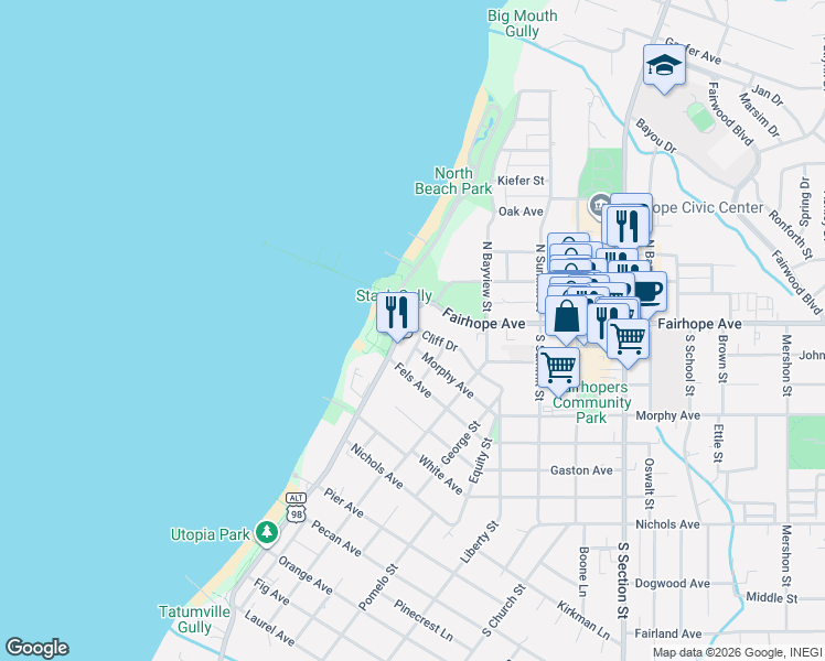 map of restaurants, bars, coffee shops, grocery stores, and more near 54 Fairhope Avenue in Fairhope
