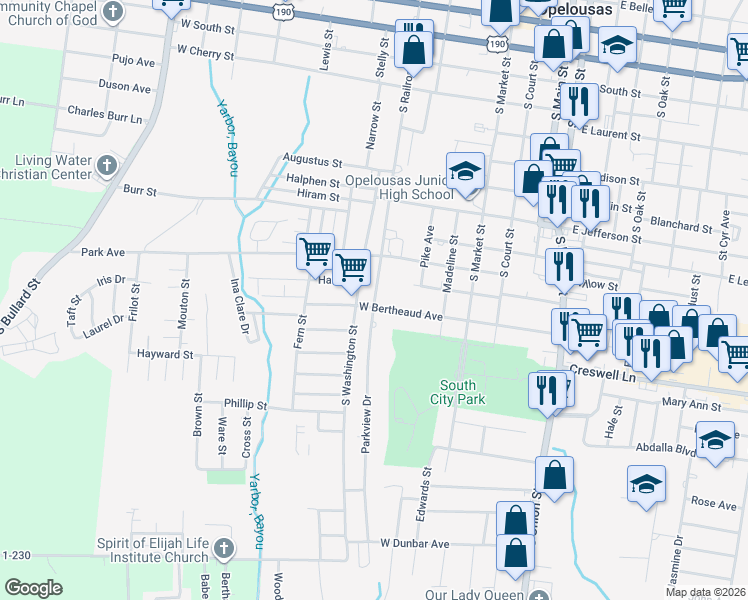 map of restaurants, bars, coffee shops, grocery stores, and more near 1203 South Railroad Avenue in Opelousas