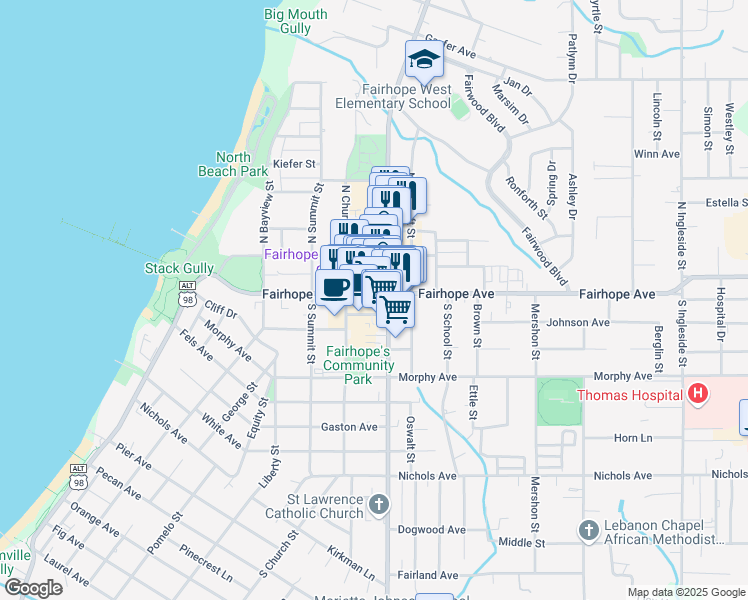 map of restaurants, bars, coffee shops, grocery stores, and more near 336 Fairhope Avenue in Fairhope