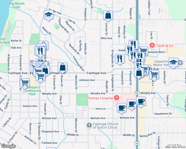 map of restaurants, bars, coffee shops, grocery stores, and more near 656 Fairhope Avenue in Fairhope