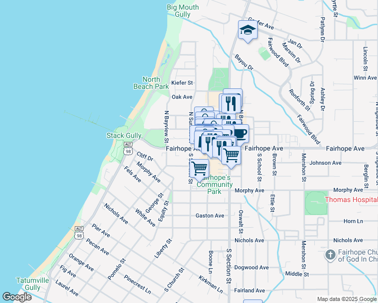map of restaurants, bars, coffee shops, grocery stores, and more near 122 Fairhope Avenue in Fairhope