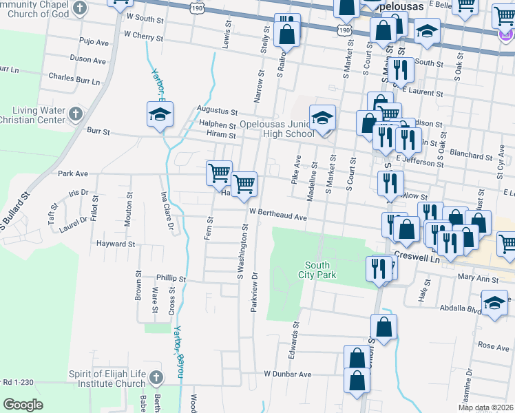 map of restaurants, bars, coffee shops, grocery stores, and more near 601-699 Hall St in Opelousas