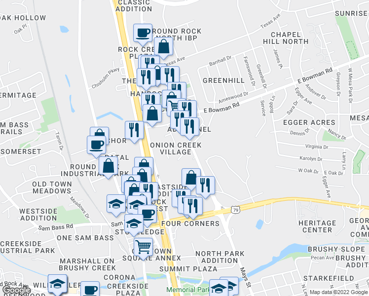 map of restaurants, bars, coffee shops, grocery stores, and more near 1708 North Mays Street in Round Rock
