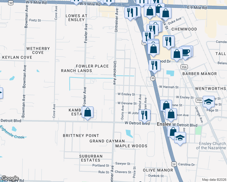 map of restaurants, bars, coffee shops, grocery stores, and more near 8611 Untreiner Avenue in Pensacola