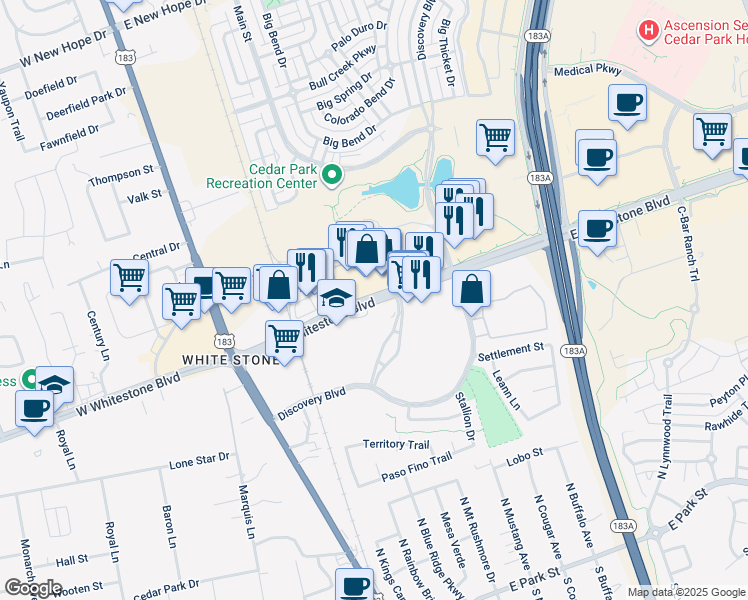 map of restaurants, bars, coffee shops, grocery stores, and more near in Cedar Park