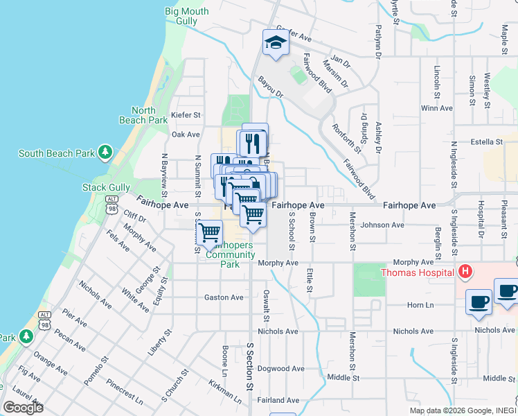map of restaurants, bars, coffee shops, grocery stores, and more near in Fairhope