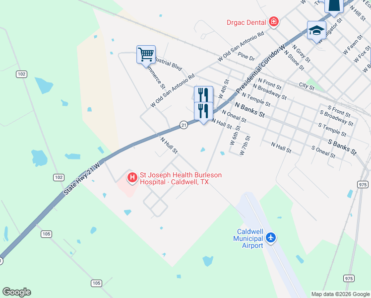map of restaurants, bars, coffee shops, grocery stores, and more near 1607 Texas 21 in Caldwell