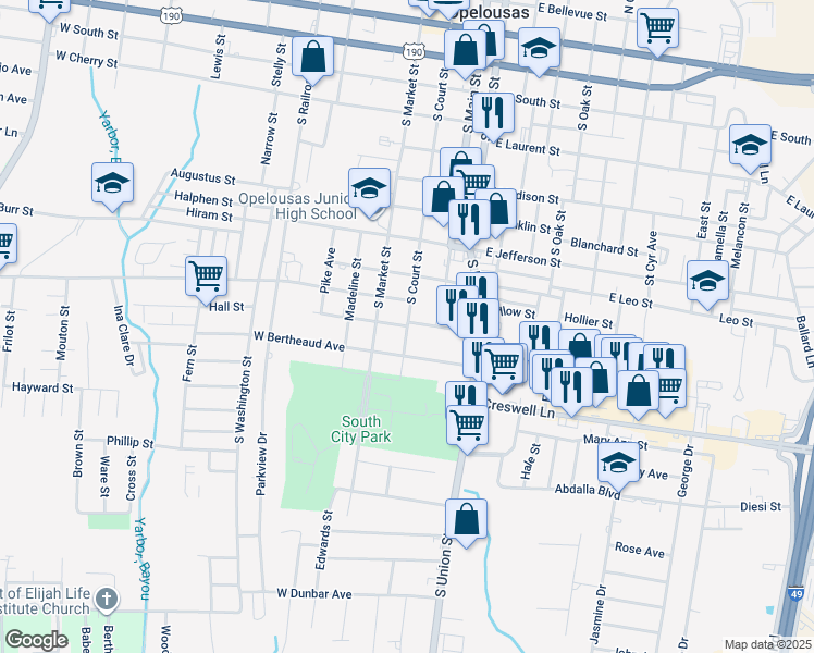 map of restaurants, bars, coffee shops, grocery stores, and more near 1201 South Court Street in Opelousas