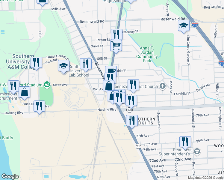 map of restaurants, bars, coffee shops, grocery stores, and more near 8372 Scotland Avenue in Baton Rouge