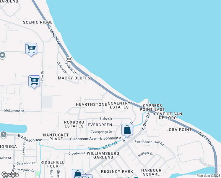 map of restaurants, bars, coffee shops, grocery stores, and more near 8770 Scenic Highway in Pensacola