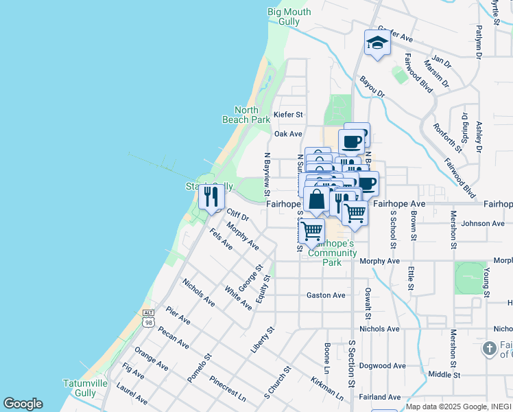 map of restaurants, bars, coffee shops, grocery stores, and more near 101 Fairhope Avenue in Fairhope