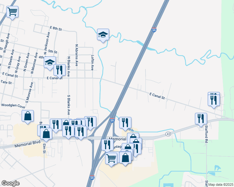 map of restaurants, bars, coffee shops, grocery stores, and more near Interstate 59 in Picayune
