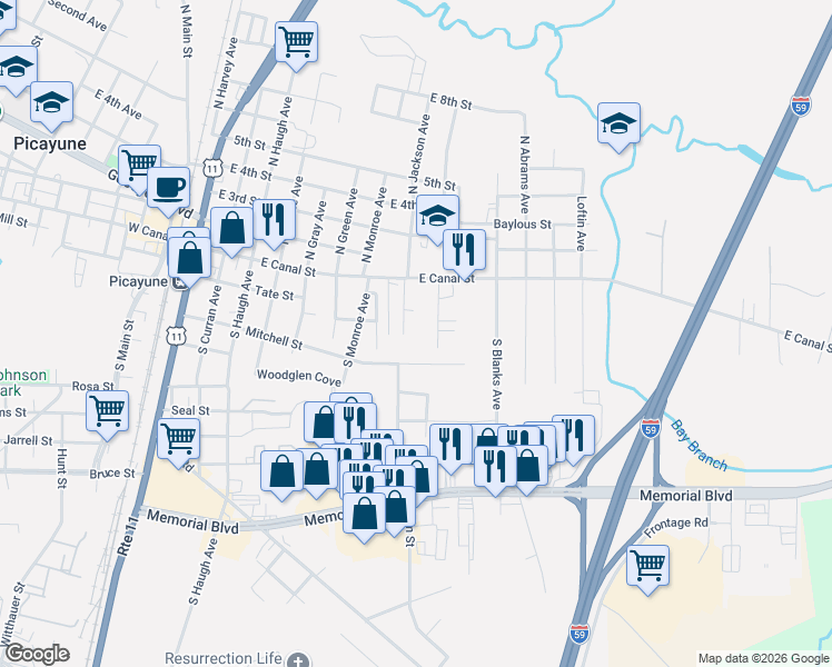 map of restaurants, bars, coffee shops, grocery stores, and more near 201 South Jackson Avenue in Picayune