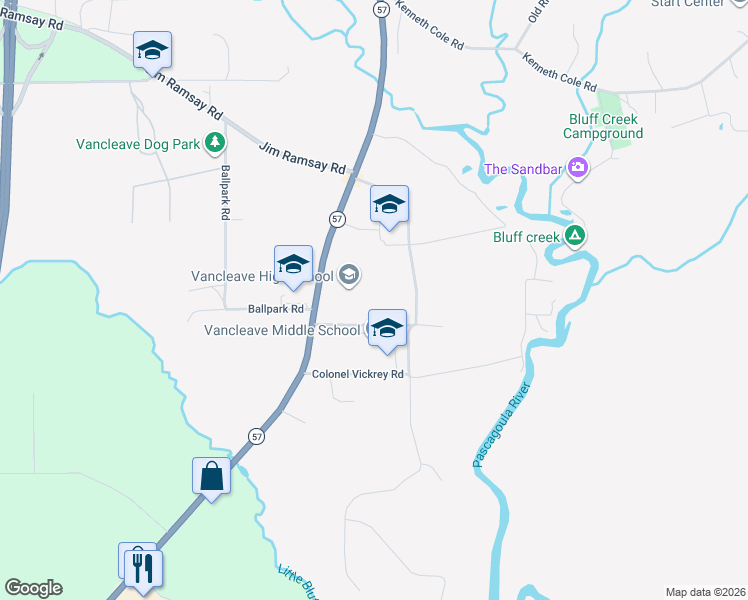 map of restaurants, bars, coffee shops, grocery stores, and more near 12424 Mississippi 57 in Vancleave