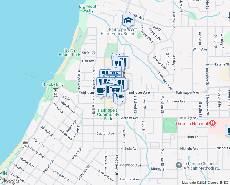 map of restaurants, bars, coffee shops, grocery stores, and more near in Fairhope